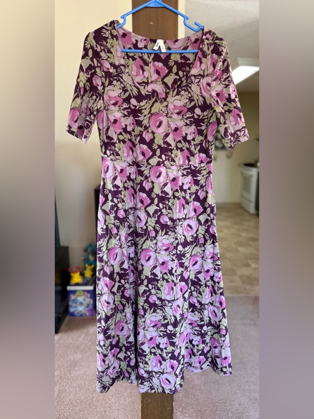 Pact Organic Cotton Purple Scoop Neck Floral Midi Dress with Pink Blooms
